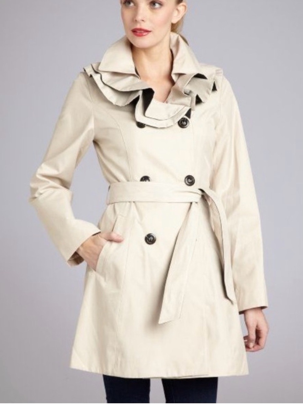 Betsey Johnson Taupe Ruffle-Front Double-Breasted Trench